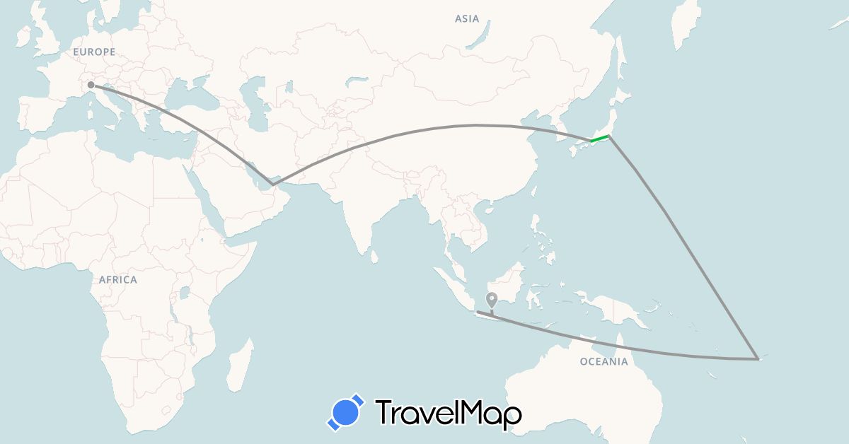 TravelMap itinerary: driving, bus, plane in United Arab Emirates, Fiji, Indonesia, Italy, Japan (Asia, Europe, Oceania)